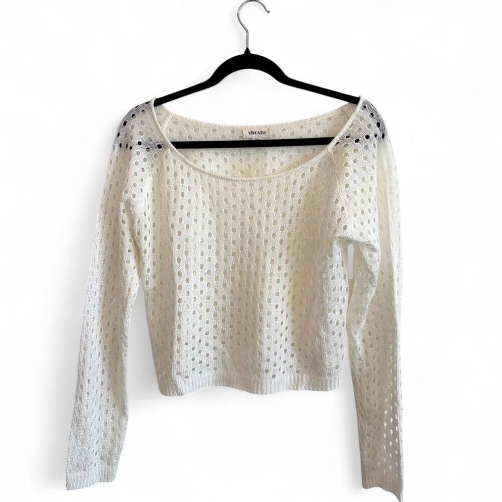 Shosho Cream White Crop Sweater With Open Knit Polka Dots Size M